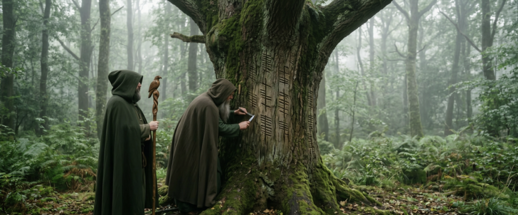Druids carving symbols on a tree.