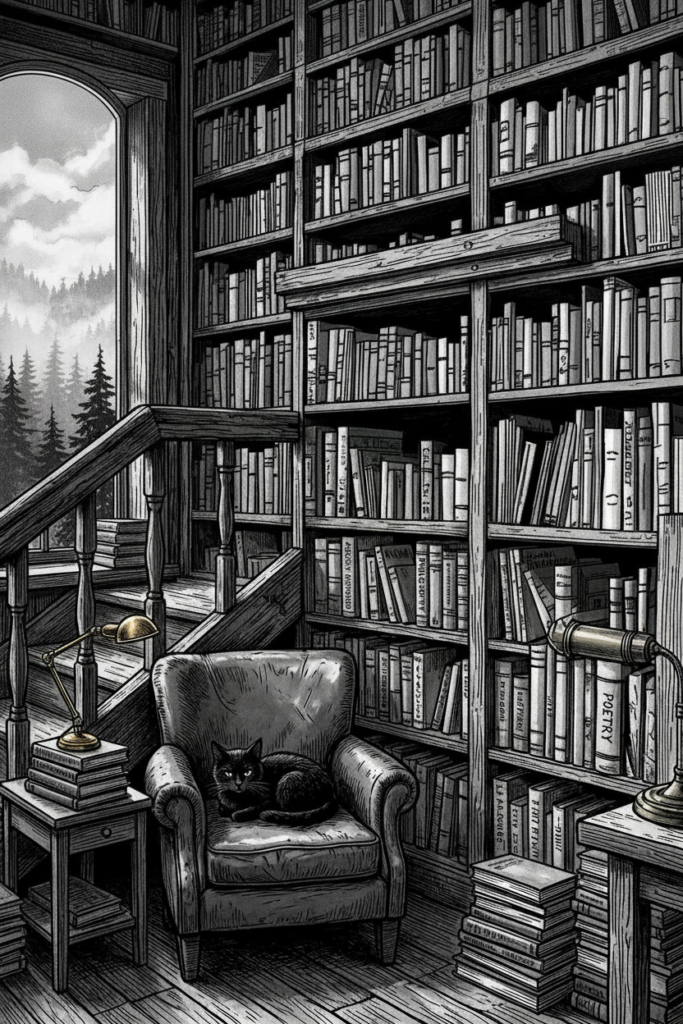 Book shelves and black cat