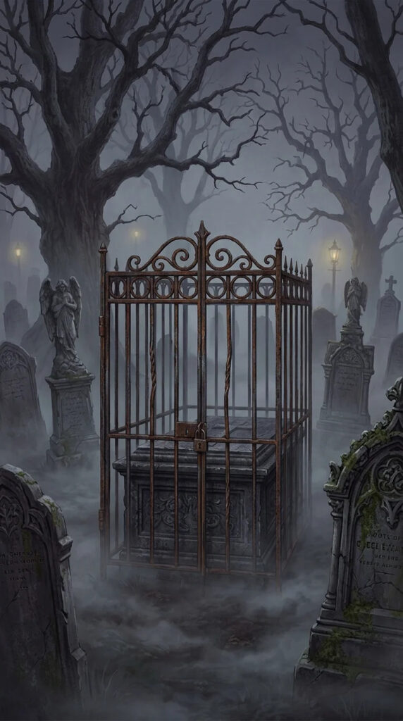A gated grave at a cemetery at night. 