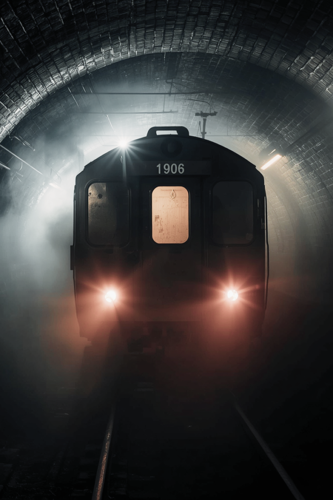 Vintage train in a tunnel.
