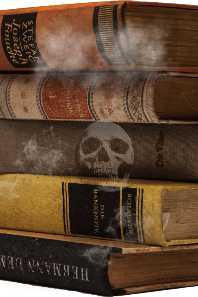 A stack of old books with a skull 