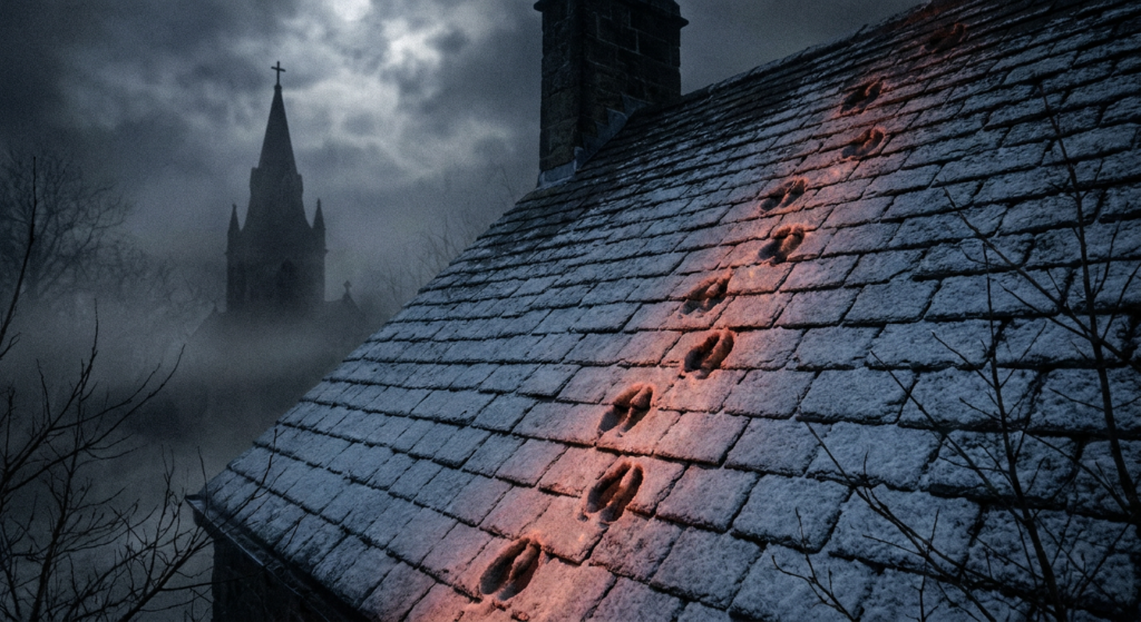 Red-stained footprints on a roof in an eerie Victorian village.