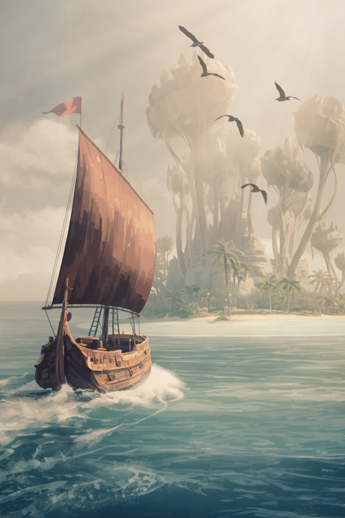 An old ship approaches an island.