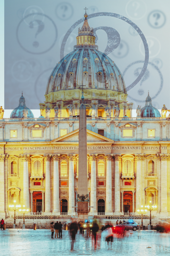 Photo of Vatican City with question marks around the buildings.