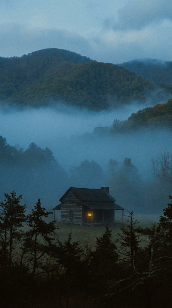 An eerie old cabin in the Appalachian mountains.